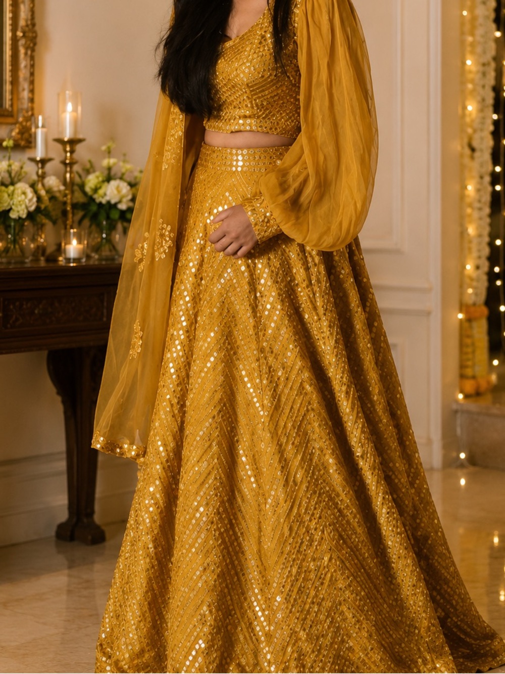 Mustard Yellow Embellished Lehenga with Balloon Sleeves